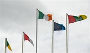 25 May 2019; The Tricolour and the flags of county teams Meath, Louth, Dublin and Carlow flutter in the wind before the Leinster GAA Football Senior Championship Quarter-Final matches between Carlow and Meath, and Louth and Dublin, at O’Moore Park in Portlaoise, Laois. Photo by Ray McManus/Sportsfile