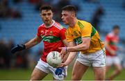 25 May 2019; Riordan O'Rourke of Leitrim in action against Ronan Conlon of Mayo during the Connacht GAA Football Junior Championship Semi-Final match between Mayo and Leitrim at Elverys MacHale Park in Castlebar, Mayo. Photo by Stephen McCarthy/Sportsfile