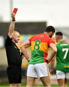 25 May 2019; Referee Barry Cassidy issues Seán Murphy of Carlow a red card during the Leinster GAA Football Senior Championship Quarter-Final match between Carlow and Meath at O’Moore Park in Portlaoise, Laois. Photo by Ray McManus/Sportsfile