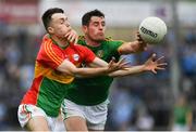 25 May 2019; Donal Keogan of Meath in action against Darren Lunney of Carlow during the Leinster GAA Football Senior Championship Quarter-Final match between Carlow and Meath at O’Moore Park in Portlaoise, Laois. Photo by Eóin Noonan/Sportsfile