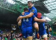25 May 2019; Garry Ringrose of Leinster celebrates with team-mates after scoring his side's first try during the Guinness PRO14 Final match between Leinster and Glasgow Warriors at Celtic Park in Glasgow, Scotland. Photo by Ramsey Cardy/Sportsfile