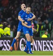 25 May 2019; Ross Byrne, right, and Nick McCarthy of Leinster celebrates at full time of the Guinness PRO14 Final match between Leinster and Glasgow Warriors at Celtic Park in Glasgow, Scotland. Photo by Ross Parker/Sportsfile