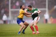 25 May 2019; Andy Moran of Mayo in action against Donie Smith of Roscommon during the Connacht GAA Football Senior Championship Semi-Final match between Mayo and Roscommon at Elverys MacHale Park in Castlebar, Mayo. Photo by Stephen McCarthy/Sportsfile