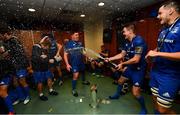 25 May 2019; Tadhg Furlong, left, and Jonathan Sexton of Leinster celebrate in the dressing room after the Guinness PRO14 Final match between Leinster and Glasgow Warriors at Celtic Park in Glasgow, Scotland. Photo by Ramsey Cardy/Sportsfile