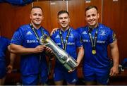 25 May 2019; Ed Byrne, Luke McGrath and Bryan Byrne of Leinster in the dressing room following the Guinness PRO14 Final match between Leinster and Glasgow Warriors at Celtic Park in Glasgow, Scotland. Photo by Ramsey Cardy/Sportsfile