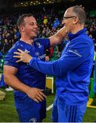 25 May 2019; Bryan Byrne of Leinster celebrates with head physiotherapist Garreth Farrell after the Guinness PRO14 Final match between Leinster and Glasgow Warriors at Celtic Park in Glasgow, Scotland. Photo by Brendan Moran/Sportsfile