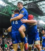 25 May 2019; Garry Ringrose, 13, celebrates with team-mates Jordan Larmour and Josh van der Flier after scoring his side's first try during the Guinness PRO14 Final match between Leinster and Glasgow Warriors at Celtic Park in Glasgow, Scotland. Photo by Ramsey Cardy/Sportsfile