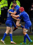 25 May 2019; Garry Ringrose of Leinster is congratulated by team-mates Jordan Larmour and Josh van der Flier after scoring their first try during the Guinness PRO14 Final match between Leinster and Glasgow Warriors at Celtic Park in Glasgow, Scotland. Photo by Brendan Moran/Sportsfile