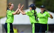 5 May 2019; Sophie McMahon of Ireland, left, celebrates with team-mate Lara Maritz after taking the wicket of Britney Cooper of West Indies during the T20 International between Ireland and West Indies at the YMCA Cricket Ground, Ballsbridge, Dublin.  Photo by Brendan Moran/Sportsfile