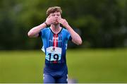 26 May 2019; Niall McLoughlin of Burrishoole, Co Mayo, blows kisses to the crowd as he approaches the finish line to win the Duathlon event during Day 2 of the Aldi Community Games May Festival, which saw over 3,500 children take part in a fun-filled weekend at University of Limerick. Photo by Piaras Ó Mídheach/Sportsfile