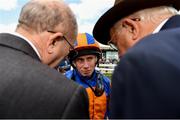 26 May 2019; Jockey Ryan Moore speaking with winning connection after he rode  Hermosa to victory in the Tattersalls Irish 1,000 Guineas (Group 1) at The Curragh Racecourse in Kildare. Photo by Barry Cregg/Sportsfile