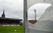27 May 2019; A general view of the stadium through a hole in the dug out prior to the EA Sports Cup Quarter-Final match between Bohemians and Cork City at Dalymount Park in Dublin. Photo by Harry Murphy/Sportsfile