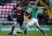 27 May 2019; Dawson Devoy of Bohemians in action against Sean McLoughlin of Cork City during the EA Sports Cup Quarter-Final match between Bohemians and Cork City at Dalymount Park in Dublin. Photo by Harry Murphy/Sportsfile
