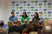 27 May 2019; Roscommon footballer Cathal Cregg with Mayo ladies footballers Nóirín Moran, centre, and Niamh Kelly at the John West Féile na Peil Regional Launch at Connacht Centre of Excellence, Co. Mayo. Photo by Piaras Ó Mídheach/Sportsfile