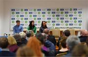 27 May 2019; Roscommon footballer Cathal Cregg with Mayo ladies footballers Nóirín Moran, centre, and Niamh Kelly at the John West Féile na Peil Regional Launch at Connacht Centre of Excellence, Co. Mayo. Photo by Piaras Ó Mídheach/Sportsfile