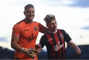 27 May 2019; James Talbot, left, and Ross Tierney of Bohemians celebrate following the EA Sports Cup Quarter-Final match between Bohemians and Cork City at Dalymount Park in Dublin. Photo by Harry Murphy/Sportsfile