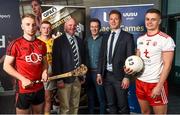 28 May 2019; GPA CEO Paul Flynn, second from right, with Ulster University and Down hurler Pat Brannigan, Ulster University and Antrim footballer Mark Fisher, Ulster University GAA President Dr John Farrell, Ulster University Student support manager David Flynn, and Ulster University and Tyrone footballer Michael McKernan at the GPA UUJ Scholarship Launch at Ulster University's Jordanstown Campus in Newtownabbey, Co. Antrim. Photo by Oliver McVeigh/Sportsfile