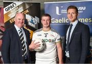 28 May 2019; Ulster University GAA President Dr John Farrell, left, GPA CEO Paul Flynn, right, and, Ulster University and Antrim footballer Pat Brannigan at the GPA UUJ Scholarship Launch at Ulster University's Jordanstown Campus in Newtownabbey, Co. Antrim. Photo by Oliver McVeigh/Sportsfile