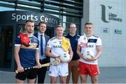 28 May 2019; Ulster University and Down hurler Mark Fisher, left, with from left to right, GPA CEO Paul Flynn, Ulster University and Antrim footballer Pat Brannigan, Ulster University GAA Development Officer Paul Rouse and Ulster University and Tyrone footballer Michael McKernan at the GPA UUJ Scholarship Launch at Ulster University's Jordanstown Campus in Newtownabbey, Co. Antrim. Photo by Oliver McVeigh/Sportsfile