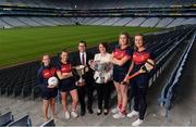 28 May 2019; In attendence at today’s sponsorship launch between Cuala and Amgen at Croke Park in Dublin is Cuala's county ladies football and camogie players, from left, Sinead Wylde, Hannah O'Dea, VP of Amgen Allen Harmon, Director of HR at Amgen Olive Casey, Jennifer Dunne and Roisin O'Grady which is the first ever GAA club sponsorship to include education and employment incentives. Photo by Harry Murphy/Sportsfile