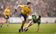 25 May 2019; Conor Daly of Roscommon and Jason Doherty of Mayo during the Connacht GAA Football Senior Championship Semi-Final match between Mayo and Roscommon at Elverys MacHale Park in Castlebar, Mayo. Photo by Stephen McCarthy/Sportsfile