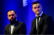 28 May 2019; Isa Nacewa, left, and Jonathan Sexton during the Leinster Rugby Champions of 2009 Gala Dinner, proudly supported by Bank of Ireland. The Gala Dinner was held in celebration of Leinster Rugby’s first ever Heineken Cup triumph in 2009 when they beat Leicester Tigers 16-19 in the Final in Murrayfield. The squad and coaches from 2009, were celebrated at a Gala Dinner at the RDS, proudly supported by Bank of Ireland and in association with Diageo, InterContinental Dublin and Off The Ball.com. Photo by Ramsey Cardy/Sportsfile