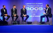 28 May 2019; Isa Nacewa, left, Jonathan Sexton, centre, and Leo Cullen with MC Martin Bayfield during the Leinster Rugby Champions of 2009 Gala Dinner, proudly supported by Bank of Ireland. The Gala Dinner was held in celebration of Leinster Rugby’s first ever Heineken Cup triumph in 2009 when they beat Leicester Tigers 16-19 in the Final in Murrayfield. The squad and coaches from 2009, were celebrated at a Gala Dinner at the RDS, proudly supported by Bank of Ireland and in association with Diageo, InterContinental Dublin and Off The Ball.com. Photo by Ramsey Cardy/Sportsfile