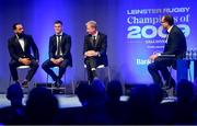 28 May 2019; Isa Nacewa, left, Jonathan Sexton, centre, and Leo Cullen with MC Martin Bayfield during the Leinster Rugby Champions of 2009 Gala Dinner, proudly supported by Bank of Ireland. The Gala Dinner was held in celebration of Leinster Rugby’s first ever Heineken Cup triumph in 2009 when they beat Leicester Tigers 16-19 in the Final in Murrayfield. The squad and coaches from 2009, were celebrated at a Gala Dinner at the RDS, proudly supported by Bank of Ireland and in association with Diageo, InterContinental Dublin and Off The Ball.com. Photo by Ramsey Cardy/Sportsfile