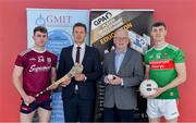29 May 2019; In attendance at the GPA WGPA NUIG Scholarship Launch are, from left, Galway hurler Jack Coyne, Paul Flynn, CEO of GPA, Des Foley, Acting VP OF Academic Affairs and Registrar at NUIG, and Mayo footballer James McCormack at Galway-Mayo Institute of Technology in Galway. Photo by Piaras Ó Mídheach/Sportsfile