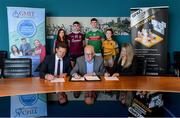 29 May 2019; In attendance at the GPA WGPA NUIG Scholarship Launch are, front from left, Paul Flynn, CEO of GPA, Des Foley, Acting VP OF Academic Affairs and Registrar at NUIG, and Lorraine Ryan, WGPA Executive, with players, from left, Galway camogie player Tara Kenny, Galway hurler Jack Coyne, Mayo footballer James McCormack, and Leitrim ladies footballer Bronagh O'Rourke, at Galway-Mayo Institute of Technology in Galway. Photo by Piaras Ó Mídheach/Sportsfile