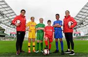 29 May 2019; The SPAR FAI Primary School 5s National Finals took place in AVIVA Stadium on Wednesday, May 29, where former Republic of Ireland International Keith Andrews and current Republic of Ireland women's footballer, Megan Campbell were in attendance supporting as girls and boys from 13 counties battled it out for national honours. The 2019 SPAR FAI Primary School 5s Programme was the biggest yet with a record 37,448 participants from 1,696 schools taking part in county, regional and provincial blitzes nationwide. Pictured are, from left, former Republic of Ireland International Keith Andrews Jodie Loughrey, aged 12, from Donegal, Ellie Browne, aged 13, from Galway, Conor Conlon Ryan, aged 12, from Limerick, Declan Osagie, aged 13, from Offaly, Republic of Ireland International Megan Campbell at the Aviva Stadium in Dublin.   Photo by Sam Barnes/Sportsfile