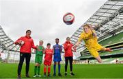 29 May 2019; The SPAR FAI Primary School 5s National Finals took place in AVIVA Stadium on Wednesday, May 29, where former Republic of Ireland International Keith Andrews and current Republic of Ireland women's footballer, Megan Campbell were in attendance supporting as girls and boys from 13 counties battled it out for national honours. The 2019 SPAR FAI Primary School 5s Programme was the biggest yet with a record 37,448 participants from 1,696 schools taking part in county, regional and provincial blitzes nationwide. Pictured is Jodie Loughrey, aged 12, from Donegal, with from left, former Republic of Ireland International Keith Andrews Ellie Browne, aged 13, from Galway, Conor Conlon Ryan, aged 12, from Limerick, Declan Osagie, aged 13, from Offaly, Republic of Ireland International Megan Campbell at the Aviva Stadium in Dublin.   Photo by Sam Barnes/Sportsfile
