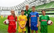 29 May 2019; Republic of Ireland Manager, Mick McCarthy was at the SPAR FAI Primary School 5s National Finals where he announced the team to take on Denmark in the UEFA European Championship Qualifiers. Mick McCarthy watched on as future stars were in action at the AVIVA Stadium with girls and boys from 13 counties battling it out for national honours. The 2019 SPAR FAI Primary School 5s Programme was the biggest yet with a record 37,448 participants from 1,696 schools taking part in county, regional and provincial blitzes nationwide. Pictured is Republic of Ireland manager Mick McCarthy, with from left, Sarah Fitzgerald, 12, from Kerry, Cahir McDaid, aged 12, from Donegal, Orlandas Jakas, aged 12, from Offaly and Adara Salvo, aged 12, from Galway. Photo by Sam Barnes/Sportsfile
