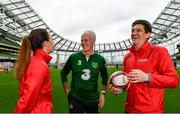 29 May 2019; Republic of Ireland Manager, Mick McCarthy was at the SPAR FAI Primary School 5s National Finals where he announced the team to take on Denmark in the UEFA European Championship Qualifiers. Mick McCarthy watched on as future stars were in action at the AVIVA Stadium with girls and boys from 13 counties battling it out for national honours. The 2019 SPAR FAI Primary School 5s Programme was the biggest yet with a record 37,448 participants from 1,696 schools taking part in county, regional and provincial blitzes nationwide. Pictured are from left, Republic of Ireland International Megan Campbell, Republic of Ireland Manager Mick McCarthy and former Republic of Ireland International Keith Andrews. Photo by Sam Barnes/Sportsfile