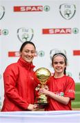 29 May 2019; The SPAR FAI Primary School 5s National Finals took place in AVIVA Stadium on Wednesday, May 29, where former Republic of Ireland International Keith Andrews and current Republic of Ireland women's footballer, Megan Campbell were in attendance supporting as girls and boys from 13 counties battled it out for national honours. The 2019 SPAR FAI Primary School 5s Programme was the biggest yet with a record 37,448 participants from 1,696 schools taking part in county, regional and provincial blitzes nationwide. Pictured is Grace Gleeson of Crusheen NS, Co. Clare, being presented their Player Of The Tournament award by Republic of Ireland women's footballer Megan Campbell at the Aviva Stadium in Dublin. Photo by Harry Murphy/Sportsfile