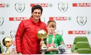 29 May 2019; The SPAR FAI Primary School 5s National Finals took place in AVIVA Stadium on Wednesday, May 29, where former Republic of Ireland International Keith Andrews and current Republic of Ireland women's footballer, Megan Campbell were in attendance supporting as girls and boys from 13 counties battled it out for national honours. The 2019 SPAR FAI Primary School 5s Programme was the biggest yet with a record 37,448 participants from 1,696 schools taking part in county, regional and provincial blitzes nationwide. Pictured is Niall Kenny of Ardkeeran NS, Riverstown, Co. Sligo, being presented their Player Of The Tournament award by former Republic of Ireland International Keith Andrews at the Aviva Stadium in Dublin. Photo by Harry Murphy/Sportsfile