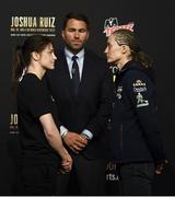 29 May 2019; Katie Taylor, left, and Delfine Persoon square off, in the company of promoter Eddie Hearn, following a press conference at Madison Square Garden ahead of their IBO, WBA, WBC & WBO unification bout in New York, USA. Photo by Stephen McCarthy/Sportsfile