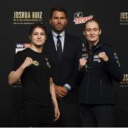 29 May 2019; Katie Taylor, left, and Delfine Persoon, in the company of promoter Eddie Hearn, following a press conference at Madison Square Garden ahead of their IBO, WBA, WBC & WBO unification bout in New York, USA. Photo by Stephen McCarthy/Sportsfile