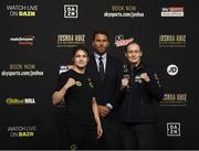 29 May 2019; Katie Taylor, left, and Delfine Persoon, in the company of promoter Eddie Hearn, following a press conference at Madison Square Garden ahead of their IBO, WBA, WBC & WBO unification bout in New York, USA. Photo by Stephen McCarthy/Sportsfile