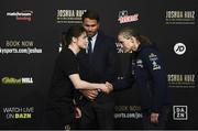 29 May 2019; Katie Taylor, left, and Delfine Persoon shake hands after squaring off, in the company of promoter Eddie Hearn, following a press conference at Madison Square Garden ahead of their IBO, WBA, WBC & WBO unification bout in New York, USA. Photo by Stephen McCarthy/Sportsfile