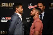 29 May 2019; Chris Algieri, left, and Tommy Coyle square off during a press conference at Madison Square Garden ahead of their bout in New York, USA. Photo by Stephen McCarthy/Sportsfile