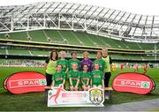29 May 2019; The SPAR FAI Primary School 5s National Finals took place in AVIVA Stadium on Wednesday, May 29, where former Republic of Ireland International Keith Andrews and current Republic of Ireland women's footballer, Megan Campbell were in attendance supporting as girls and boys from 13 counties battled it out for national honours. The 2019 SPAR FAI Primary School 5s Programme was the biggest yet with a record 37,448 participants from 1,696 schools taking part in county, regional and provincial blitzes nationwide. Pictured is the  Scoil Íde team from Salthill, Co. Galway, at the Aviva Stadium in Dublin. Photo by Harry Murphy/Sportsfile