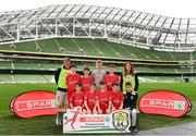 29 May 2019; The SPAR FAI Primary School 5s National Finals took place in AVIVA Stadium on Wednesday, May 29, where former Republic of Ireland International Keith Andrews and current Republic of Ireland women's footballer, Megan Campbell were in attendance supporting as girls and boys from 13 counties battled it out for national honours. The 2019 SPAR FAI Primary School 5s Programme was the biggest yet with a record 37,448 participants from 1,696 schools taking part in county, regional and provincial blitzes nationwide. Pictured is the  Trafrask NS team from Beara, Co. Cork, at the Aviva Stadium in Dublin. Photo by Harry Murphy/Sportsfile