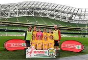 29 May 2019; The SPAR FAI Primary School 5s National Finals took place in AVIVA Stadium on Wednesday, May 29, where former Republic of Ireland International Keith Andrews and current Republic of Ireland women's footballer, Megan Campbell were in attendance supporting as girls and boys from 13 counties battled it out for national honours. The 2019 SPAR FAI Primary School 5s Programme was the biggest yet with a record 37,448 participants from 1,696 schools taking part in county, regional and provincial blitzes nationwide. Pictured is the  Scoil Íosagaáin from Buncrana, Co. Donegal, at the Aviva Stadium in Dublin. Photo by Harry Murphy/Sportsfile
