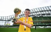 29 May 2019; The SPAR FAI Primary School 5s National Finals took place in AVIVA Stadium on Wednesday, May 29, where former Republic of Ireland International Keith Andrews and current Republic of Ireland women's footballer, Megan Campbell were in attendance supporting as girls and boys from 13 counties battled it out for national honours. The 2019 SPAR FAI Primary School 5s Programme was the biggest yet with a record 37,448 participants from 1,696 schools taking part in county, regional and provincial blitzes nationwide. Pictured is Luke O'Donnell from St. Oran’s NS, Cockhill, Donegal with his player of the tournament award. Photo by David Fitzgerald/Sportsfile