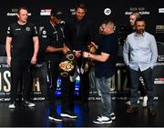 30 May 2019; Anthony Joshua, left, and Andy Ruiz Jr exchange belts following a press conference, at the Beacon Theater on Broadway, ahead of their World Heavyweight title fight, on Saturday night at Madison Square Garden, in New York, USA. Photo by Stephen McCarthy/Sportsfile