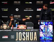 30 May 2019; Anthony Joshua, left, and promoter Eddie Hearn during a press conference, at the Beacon Theater on Broadway, ahead of his World Heavyweight title fight with Andy Ruiz Jr, on Saturday night at Madison Square Garden, in New York, USA. Photo by Stephen McCarthy/Sportsfile