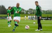 30 May 2019; David McGoldrick of Republic of Ireland warms up infront of Republic of Ireland assistant coach Robbie Keane prior to the Friendly match between Republic of Ireland and Republic of Ireland U21's at the FAI National Training Centre in Dublin. Photo by Harry Murphy/Sportsfile