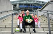 29 May 2019; Republic of Ireland manager Mick McCarthy in attendance alongside, from left, Anna Dowling-Gavigan, age 12, from Clonee, Alannah Ferrari, age 11, from Ringsend, Quinn Murphy, age 6 and her sister Eden, age 9, both from Ringsend at the Aviva Soccer Sisters Dream Camp in Aviva Stadium. Over 100 girls were given the opportunity to play on the same pitch as their international heroes. This year’s Aviva Soccer Sisters saw a 107% increase on last year’s figures, with 7,322 girls participating in this year’s Easter festival throughout the country. See aviva.ie/soccersisters or check out #SafeToDream on social media for further details. Photo by David Fitzgerald/Sportsfile