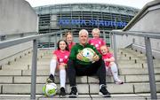 29 May 2019; Republic of Ireland manager Mick McCarthy in attendance alongside, from left, Anna Dowling-Gavigan, age 12, from Clonee, Alannah Ferrari, age 11, from Ringsend, Quinn Murphy, age 6 and her sister Eden, age 9, both from Ringsend at the Aviva Soccer Sisters Dream Camp in Aviva Stadium. Over 100 girls were given the opportunity to play on the same pitch as their international heroes. This year’s Aviva Soccer Sisters saw a 107% increase on last year’s figures, with 7,322 girls participating in this year’s Easter festival throughout the country. See aviva.ie/soccersisters or check out #SafeToDream on social media for further details. Photo by David Fitzgerald/Sportsfile